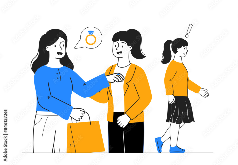 Woman with envy. Young girl looks with loathing at her friends gold ring with diamond. Negative feelings and emotions. Jealous person. Linear flat vector illustration Woman with envy. Young girl looks with loathing at her friends gold ring with diamond. Negative feelings and emotions. Jealous person. Linear flat vector illustration