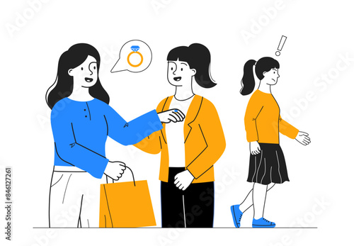 Woman with envy. Young girl looks with loathing at her friends gold ring with diamond. Negative feelings and emotions. Jealous person. Linear flat vector illustration