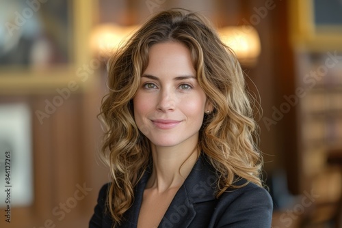 Wallpaper Mural A confident young woman with wavy hair wearing a blazer, posing indoors with a subtle smile in a warmly-lit elegant setting with blurred background Torontodigital.ca