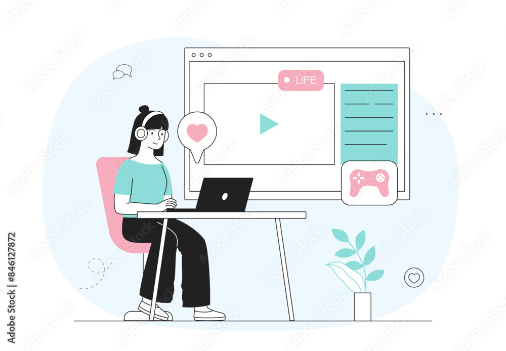 Game streamer woman. Young girl with laptop plays games and streams online. Popular blogger cybersports man. Console and pc, laptop. Linear flat vector illustration Game streamer woman. Young girl with laptop plays games and streams online. Popular blogger cybersports man. Console and pc, laptop. Linear flat vector illustration