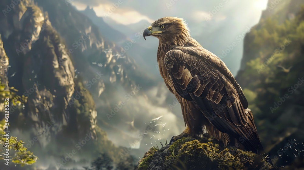 Fototapeta premium Majestic eagle perched on a rock with a breathtaking mountain landscape in the background, bathed in sunlight.