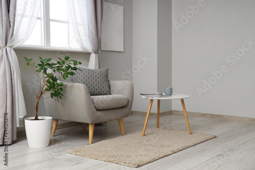 Interior of light living room with grey armchair, table and plant © Pixel-Shot