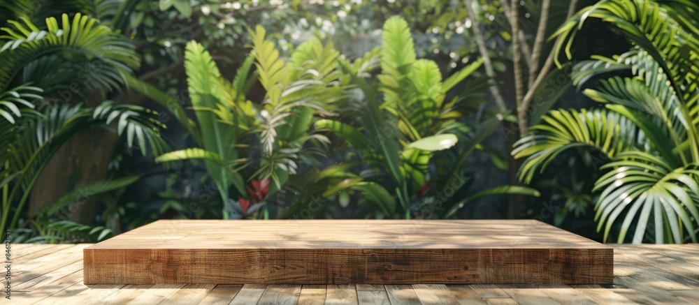 Wooden podium on empty outdoor tropical garden counter with green plant background and organic products displayed; representing natural placement in spring and summer. Wooden podium on empty outdoor tropical garden counter with green plant background and organic products displayed; representing natural placement in spring and summer.