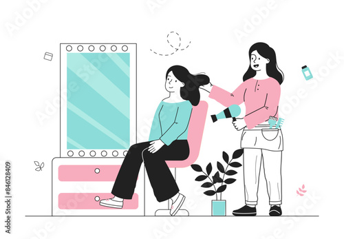Hairdresser with client. Woman with hair dryer with client. Beauty treatments, aesthetics and elegance. Customer in barbershop. Linear flat vector illustration