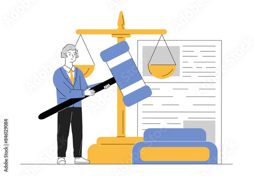 Man judge concept. Guy with judges gavel in hands against background of scales. Jurisprudence, judgment and justice. Legal support of agreements. Linear flat vector illustration