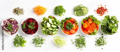 Display several types of salads arranged against a white backdrop