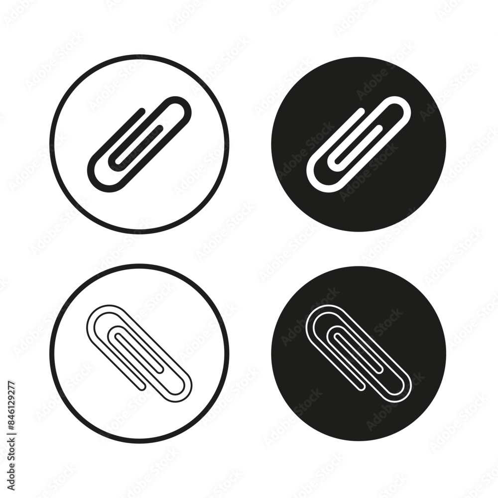 Paperclip icon set. Circular design. Black and white. Vector illustration. Paperclip icon set. Circular design. Black and white. Vector illustration.