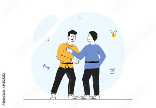 Karate training concept. Men practice martial arts. Athletes preparing for competitions and tournaments. Active lifestyle and sports. Linear flat vector illustration