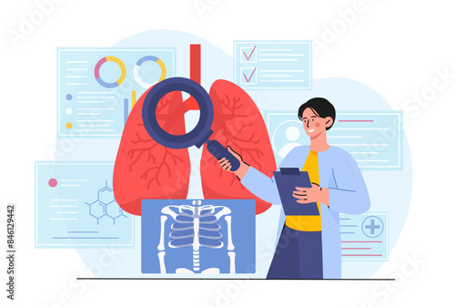Lungs review man. Doctor doing examination of respiratory system. Anatomy and biology. Diagnosis and treatment. Pulmonologist with lungs. Cartoon flat vector illustration