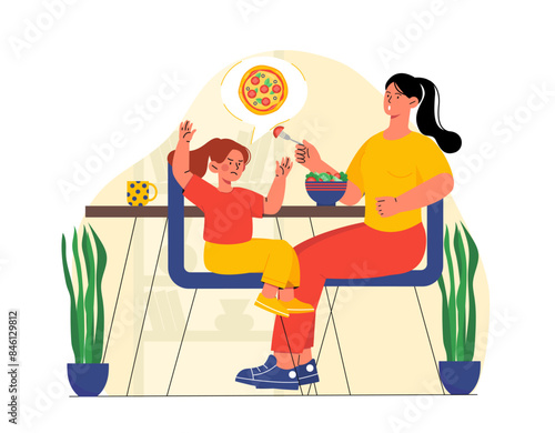 Daughter refuses to eat. Mother gives her daughter salad. Naughty baby wants pizza. Girl reject healthy eating, refuse vegetables. Cartoon flat vector illustration