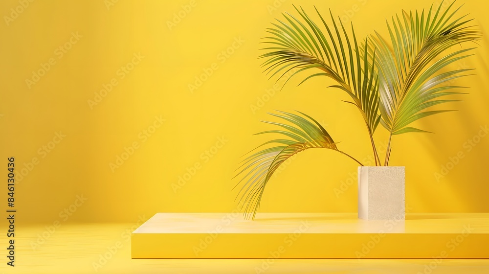 Blank yellow display on vivid summer background with minimal style. Blank stand for showing product. 3D rendering. Blank yellow display on vivid summer background with minimal style. Blank stand for showing product. 3D rendering.