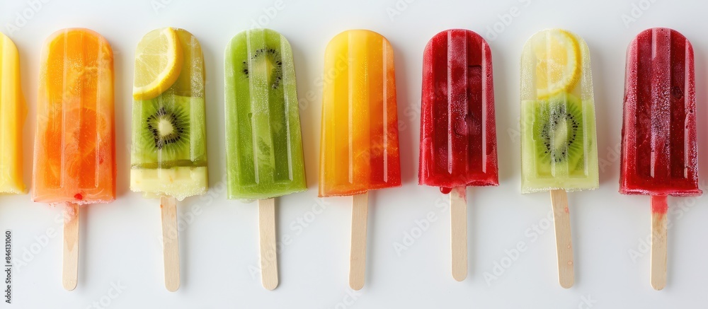 Fruit popsicles arranged against a white backdrop Fruit popsicles arranged against a white backdrop