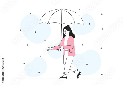 Woman under rain. Young girl walks down street with umbrella in her hand in rainy weather. City dweller in autumn and fall season. Linear flat vector illustration