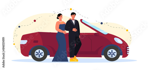 Rich couple with car. Man and woman in expensive clothes near luxury vehicle. Young pair with wealth. Millionaires with convertible. Cartoon flat vector illustration