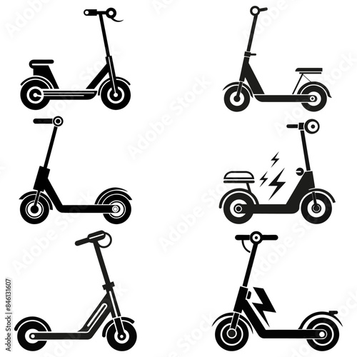 Electric scooter icons. Six black and white. Modern vector designs. Clean graphic elements.