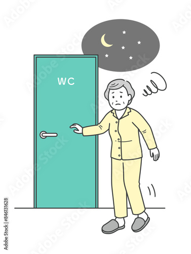 睡眠中に尿意を覚えトイレに行く夜間頻尿に悩む高齢女性のイラスト