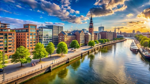 A Beautiful Cityscape Of Hamburg, Germany With The Alster River Flowing Through The City Center. photo