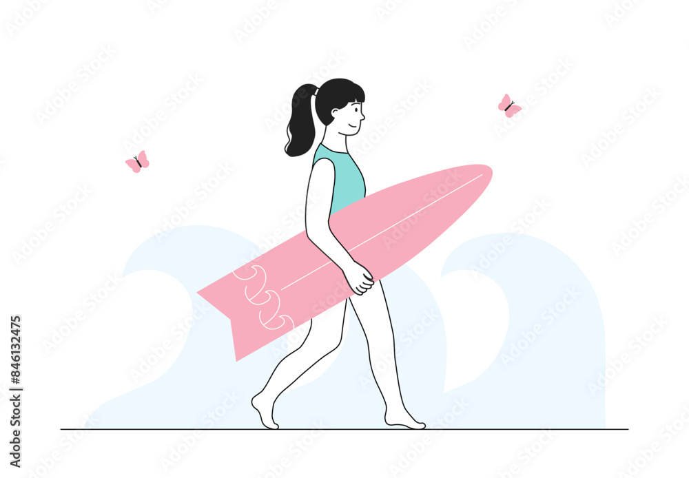 Woman with surfboard. Young girl in swimsuit goes surfing. Active lifestyle and extreme sports. Surfer in tropical and exotic country. Linear flat vector illustration Woman with surfboard. Young girl in swimsuit goes surfing. Active lifestyle and extreme sports. Surfer in tropical and exotic country. Linear flat vector illustration