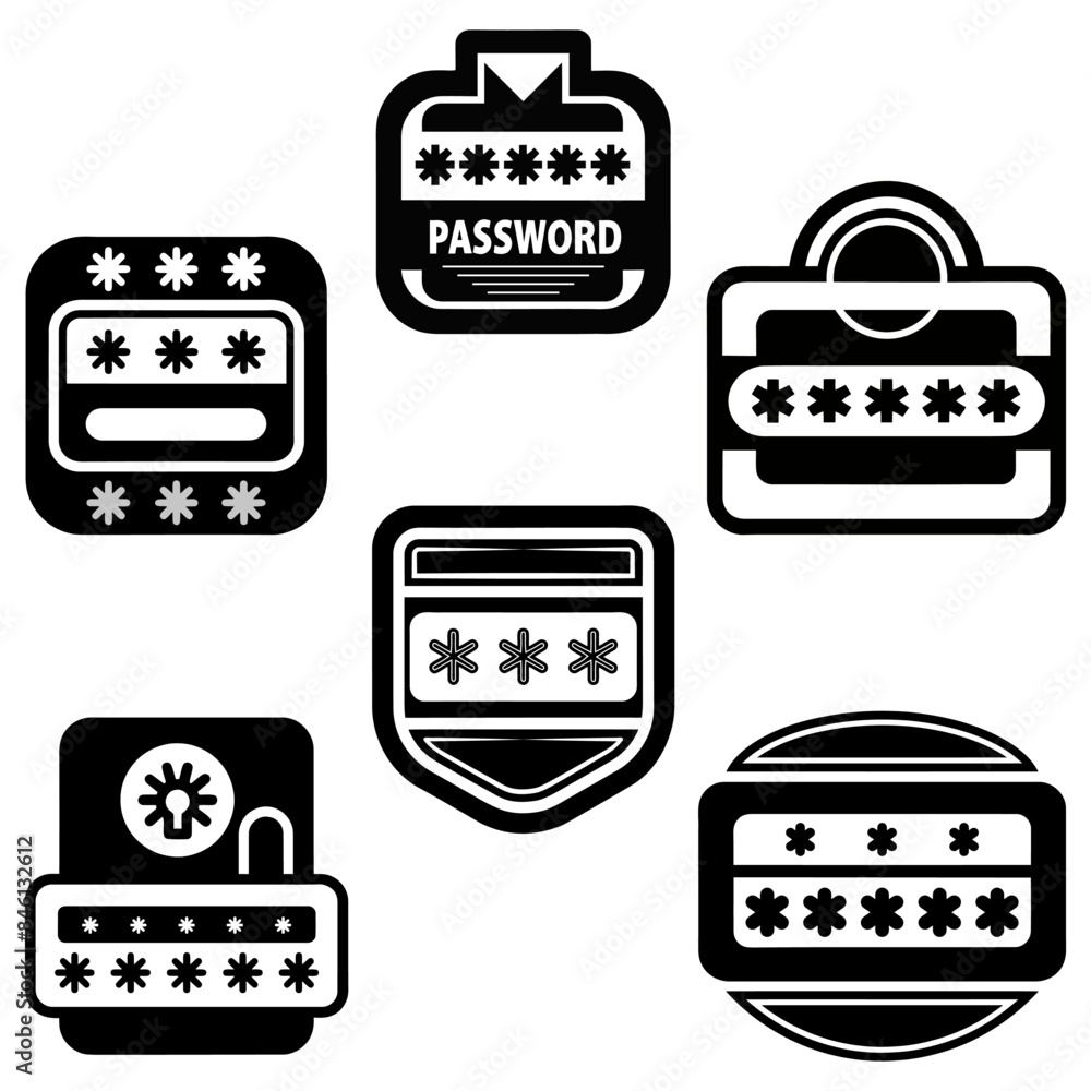 Password icons set. Black vector designs. Six different styles. Secure login symbols. Password icons set. Black vector designs. Six different styles. Secure login symbols.