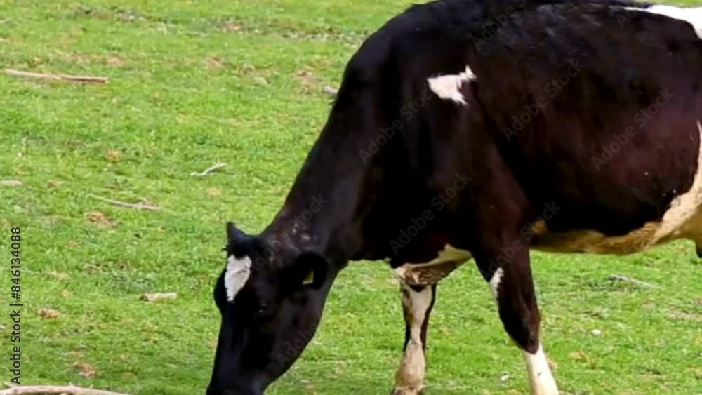 black and white cow eating grass in the field, black and white cow in the field black and white cow eating grass in the field, black and white cow in the field