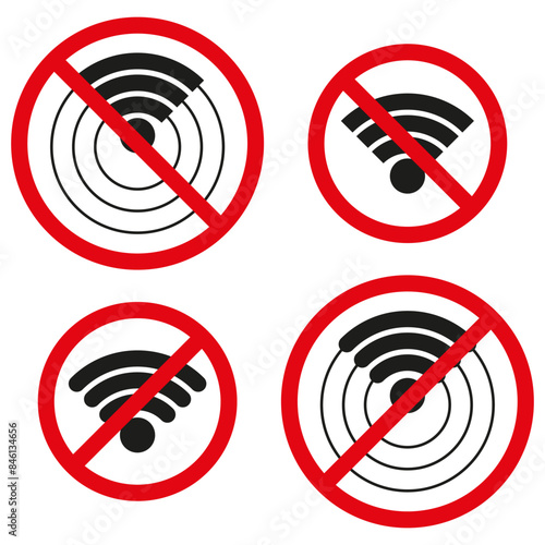 No WiFi zone symbols collection. Wireless network access prohibited icons. Vector electromagnetic waves restriction. photo