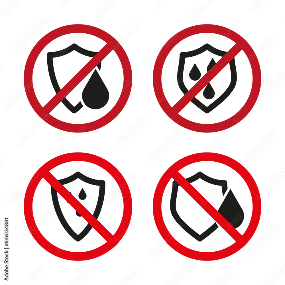 Prohibited waterproof signs. Antiwater shield icons. Moisture protection not allowed. Liquid security symbols disallowed. Vector illustration. EPS 10. Prohibited waterproof signs. Antiwater shield icons. Moisture protection not allowed. Liquid security symbols disallowed. Vector illustration. EPS 10.