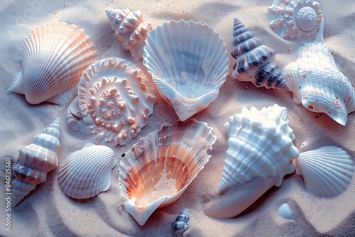 The intricate thermal patterns of a seashell collection on a sandy beach, in infrared