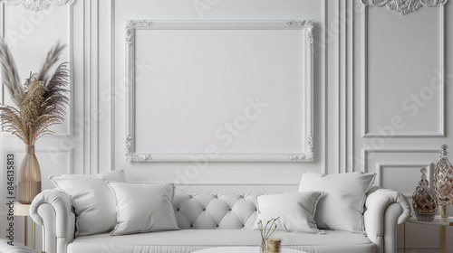 Minimalist elegance White empty frame against a chic interior backdrop. photo