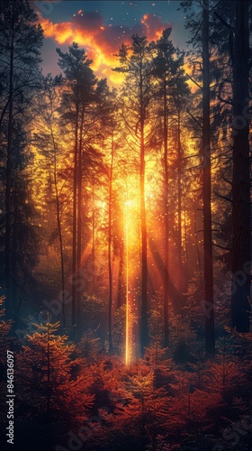 pine forest at sunset, colorful beams of light