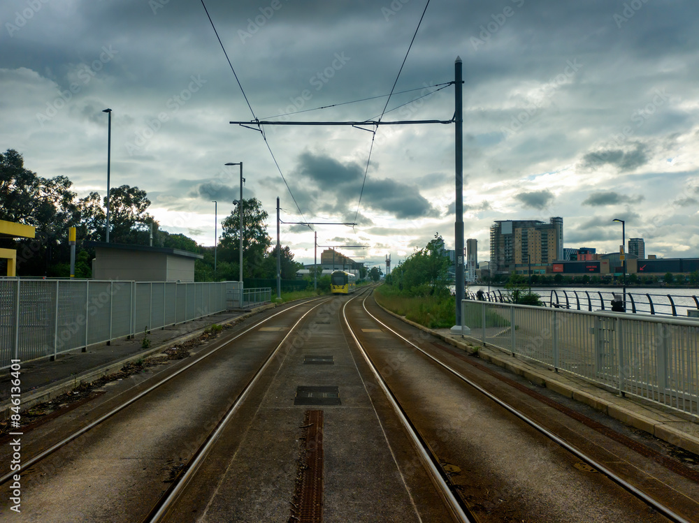 Obraz premium A tram on Trafford Wharf in Greater Manchester, UK