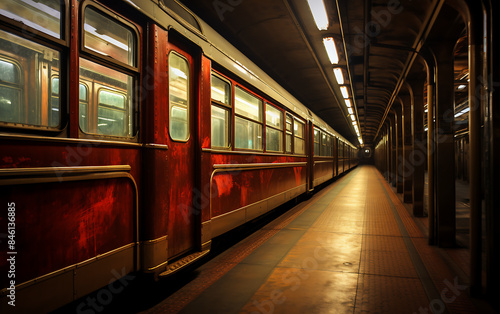 Train in the subway station at night, Moscow, Russia. Vintage style