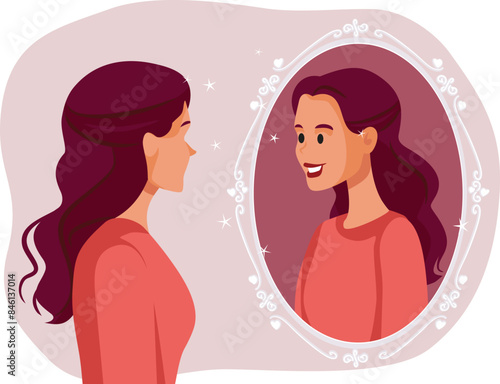Happy Woman Looking in the Mirror Feeling Confident Vector Cartoon. Pretty girl being self-accepting and self-loving filled with positivity
