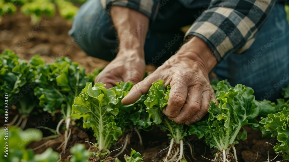 Fototapeta premium Farmer close-up holding and picking up green lettuce salad leaves with roots