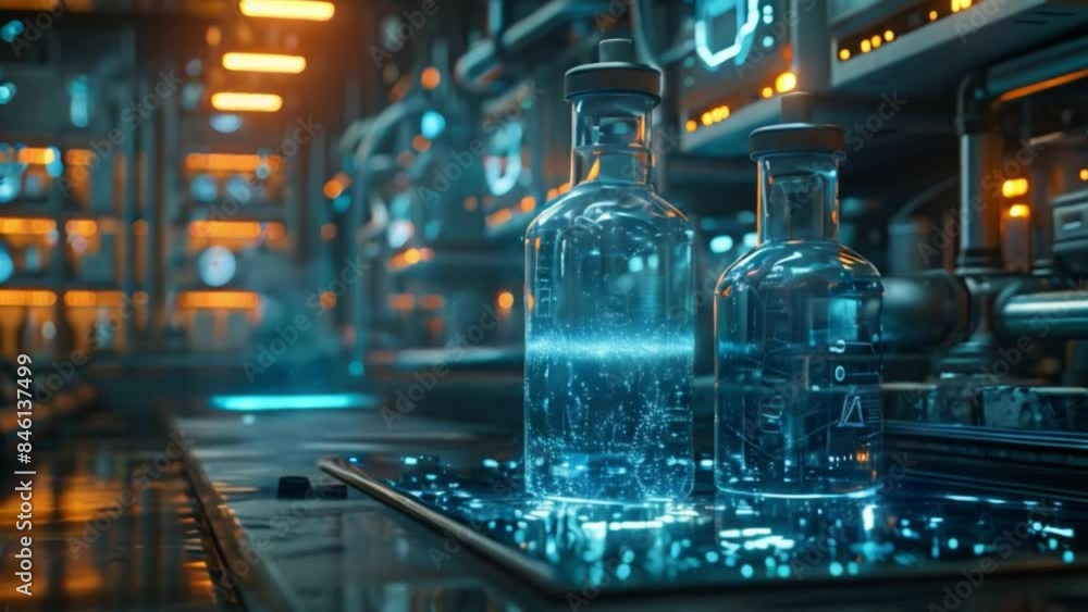 Two beakers filled with blue liquid rest on a holographic platform in a futuristic chemistry lab. The lab features glowing blue and yellow lights and advanced technology. Two beakers filled with blue liquid rest on a holographic platform in a futuristic chemistry lab. The lab features glowing blue and yellow lights and advanced technology.