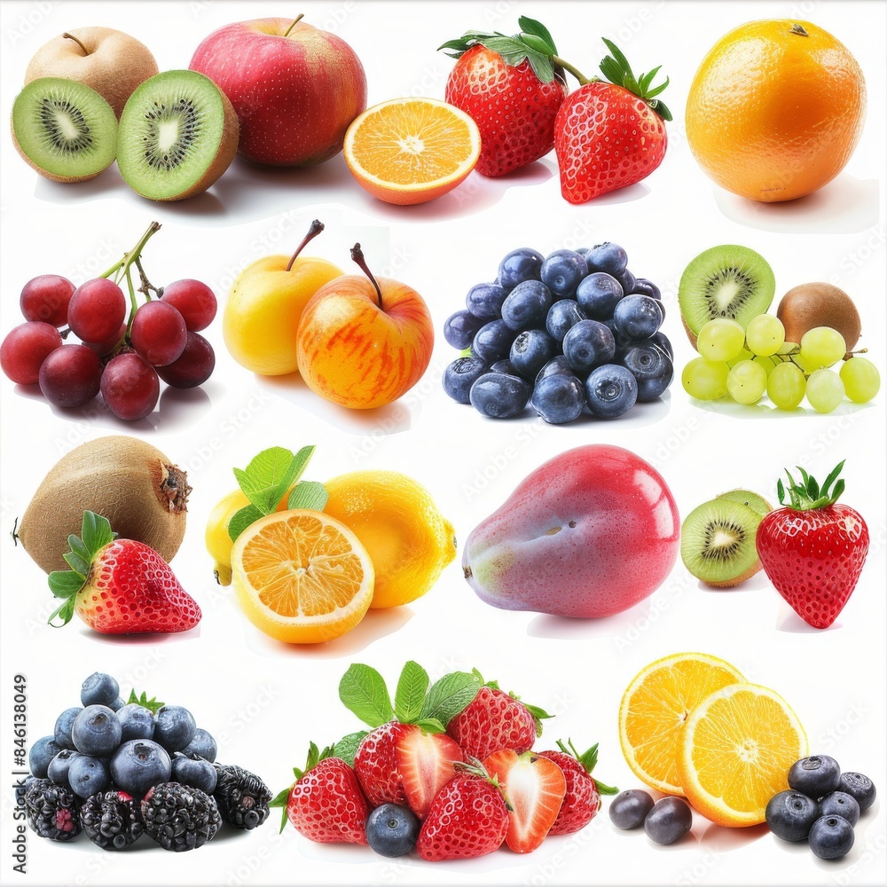 Colorful Fresh Fruits and Green Plants Arrangement. Healthy living concept Colorful Fresh Fruits and Green Plants Arrangement. Healthy living concept