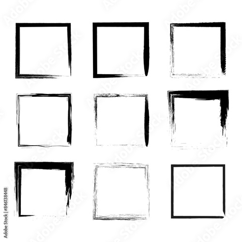 Grunge square frames. Black brush strokes. Abstract border vector. Rough edge design.