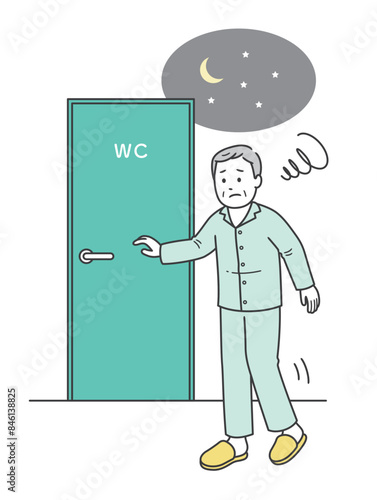睡眠中に尿意を覚えトイレに行く夜間頻尿に悩む高齢男性のイラスト