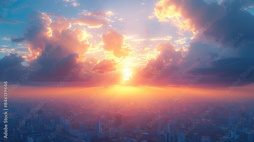 Naklejka premium Skyscraper day concept: Abstract skyline sunset background. Bangkok city, Thailand Asia 