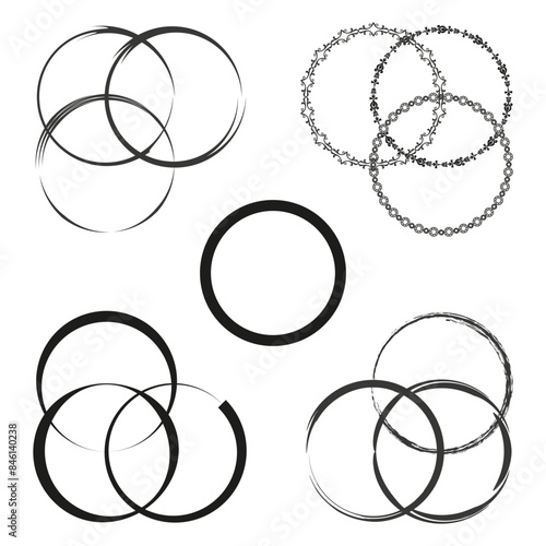 Six black circles. Varied decorative styles. Overlapping design elements. Vector illustration.