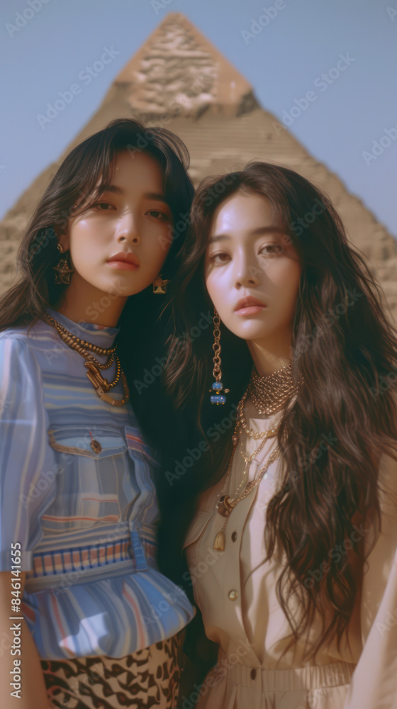Obraz premium Elegant Duo Posing in Front of an Ancient Pyramid, Showcasing Modern Fashion Against a Historical Backdrop Under Clear Sky