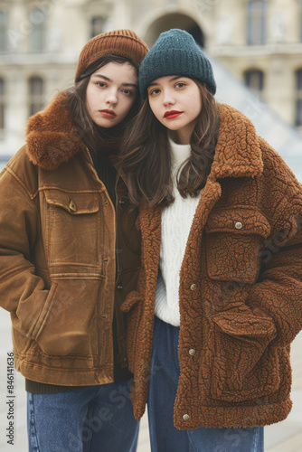 Cozy Winter Fashion Stylish Women in Warm Coats and Beanies Enjoy a Day Out in the City, Embracing the Cold Weather with Confidence and Elegance, Perfect Inspiration for Winter Wardrobe Ideas photo