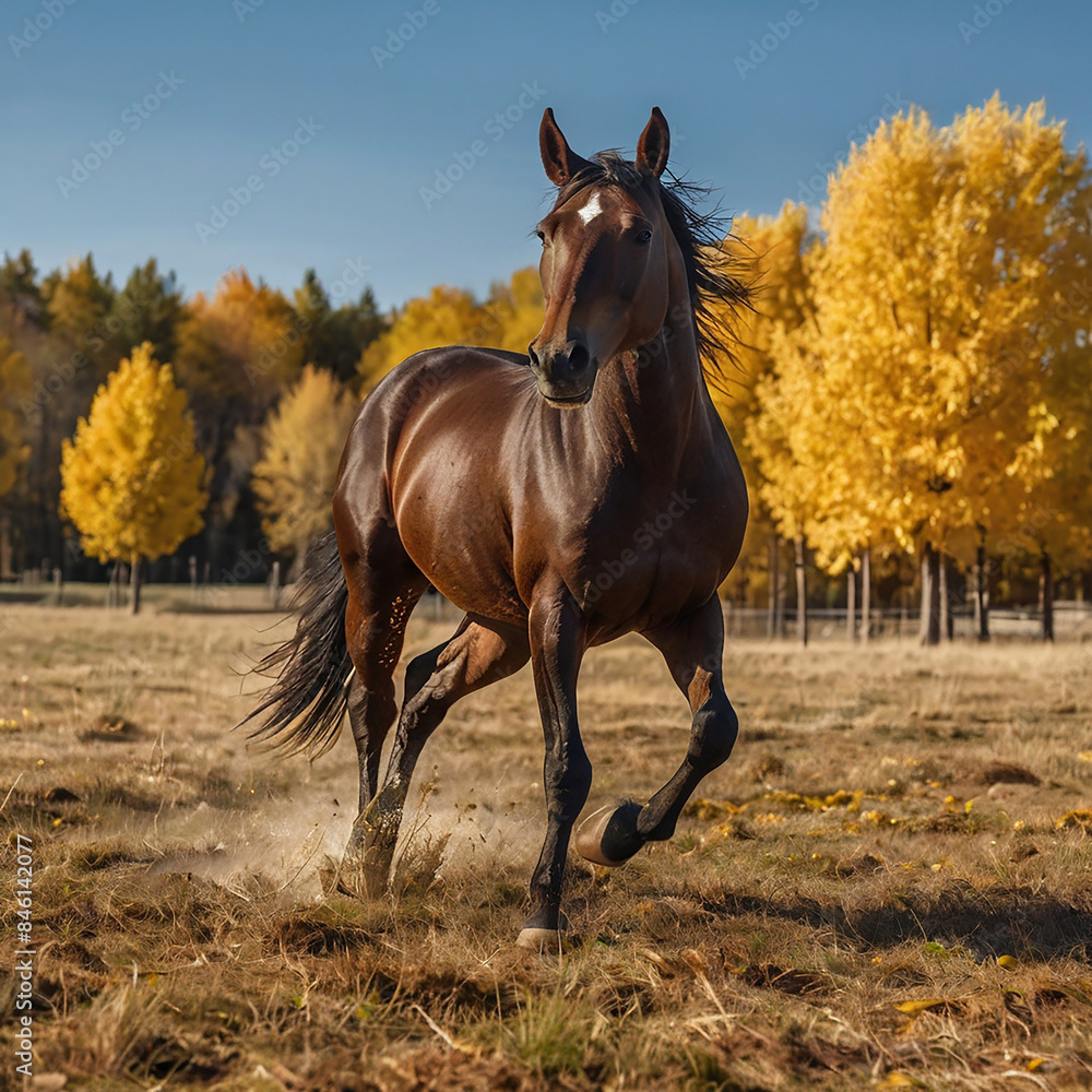 Dark brown horse running in the yellow field Dark brown horse running in the yellow field