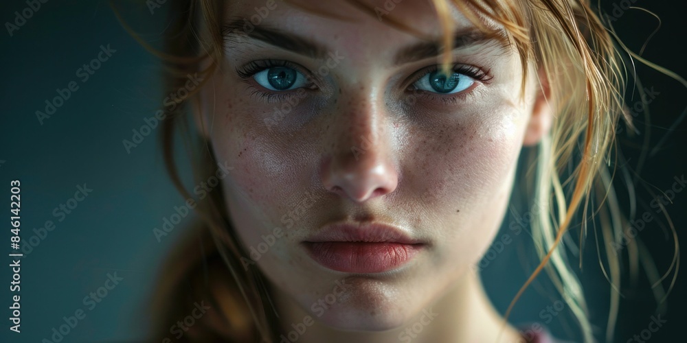 Closeup portrait of young woman with blue eyes and long red hair, beauty and fashion concept Closeup portrait of young woman with blue eyes and long red hair, beauty and fashion concept