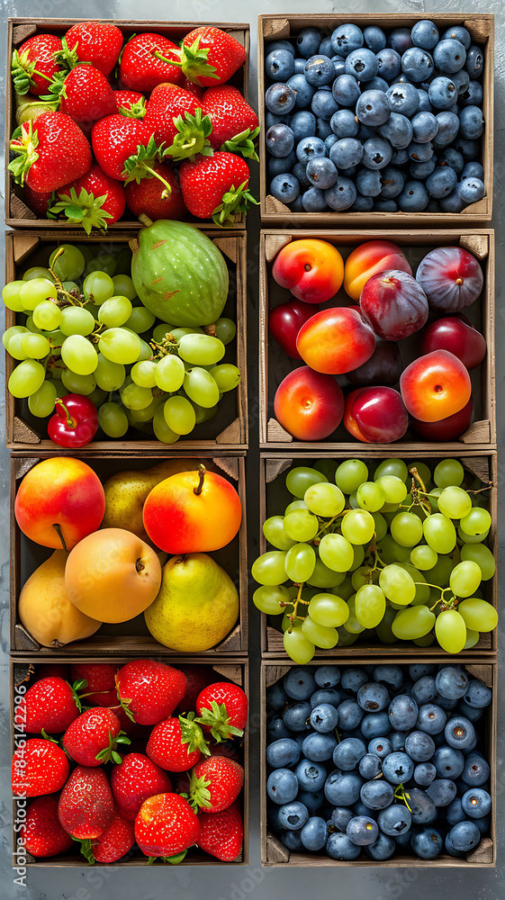 Fresh fruits and berries in wooden boxes. Top view, flat lay Fresh fruits and berries in wooden boxes. Top view, flat lay