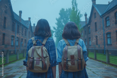 Two Students Walking with Backpacks on a Foggy Day Surrounded by Historical Brick Buildings and Trees in an Alleyway Capturing the Essence of Friendship and Exploration During an Overcast Morning