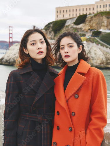 Two Women Posing in Stylish Coats with Scenic Coastal and Bridge Background Showcasing Fashion and Friendship in Outdoor Setting © pisan