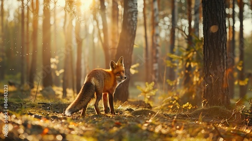 Fox at sunrise Red fox Vulpes vulpes hunting in green pine forest Hungry fox sniffs about food in moor Beautiful orange fur coat animal in natural habitat Wildlife summer nature Clever : Generative AI photo