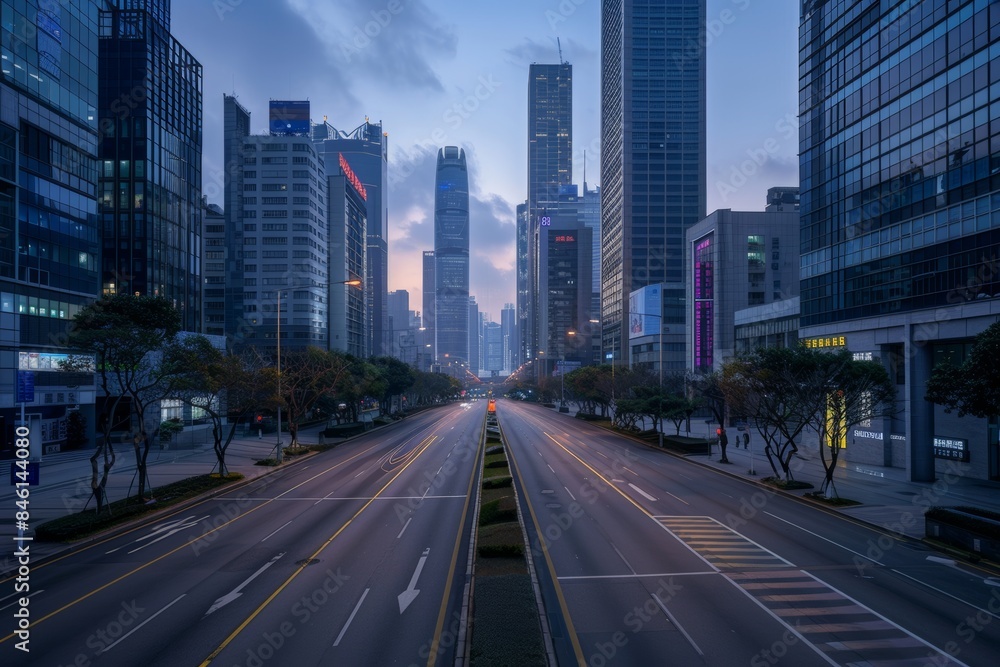 Wide empty street in modern business district Wide empty street in modern business district