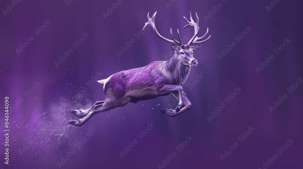 A majestic reindeer in mid-leap with a vibrant purple hue, set against a matching purple background, creating a surreal and magical scene. A majestic reindeer in mid-leap with a vibrant purple hue, set against a matching purple background, creating a surreal and magical scene.