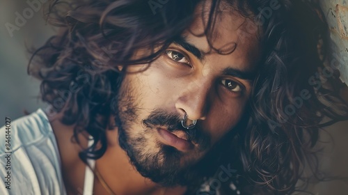 40s man with long curly hair look camera Sad young adult guy portrait One 30 year old cute person Nice wavy beard close up Male arab face head shot Serious mixed hindu model Nose pierc : Generative AI photo